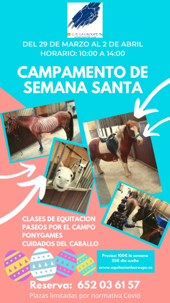 Cartel campamento ecuestre Semana Santa 2021. Centro Ecuestre La Croupe. Santiago de Compostela